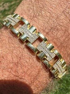 Mens 12mm Iced Hermes Link Bracelet Real Solid 14k Gold Over 925 Sterling Silver - Picture 1 of 24