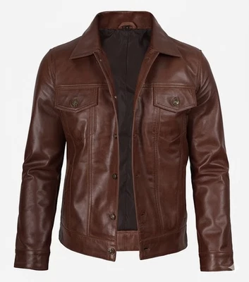 Chaqueta de cuero clásica de camionero coñac para hombre Foto 1 de 3