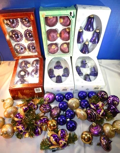 50+ Purple & Gold Christmas Ornament Glass Plastic Various Sz Mix Ball Bells lot - Picture 1 of 12
