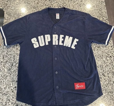 Бейсбольная футболка Supreme из ультразвуковой замши с сеткой черная темно-синяя размер M - б/у - Изображение 1 из 3
