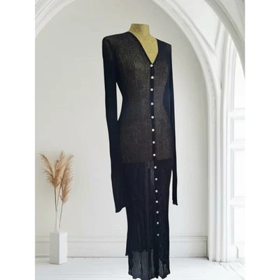 Black Sheer Knit Button Front Long Sleeve Maxi Cardigan Dress Gothic Boho Fall S - Image 1 of 4
