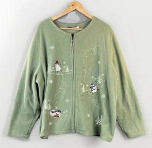 Vintage Croft And Barrow Woman Fleece Jacket Size 3X Sage Snowmen Winter Holiday - Picture 1 of 8