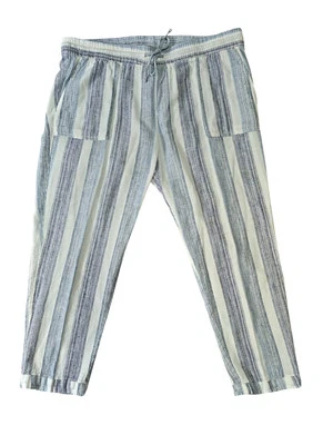 Pantalones antiguos azul marino de pierna ancha para mujer blancos azules a rayas mezcla de lino bolsillos L Foto 1 de 4