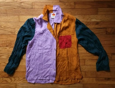 Camiseta Anthropologie Farm Rio para mujer talla M camisa abotonada bloques de colores manga abullonada Foto 1 de 4