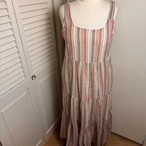 LINDA ANDERSON MULTICOLORED METALLIC STRIPED COTTON TIERED SMOCKED MIDI DRESS - Picture 1 of 10