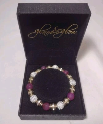 Glam & Glow Bracelet Rhinestone Purple Goldtone Beads On Elastic New In Box  Foto 1 de 4