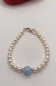BRACCIALE PERLE ACQUA DOLCE AGATA BLU EMATITE ARGENTO RAMATO CM 17-19 EXPLOIT - Foto 1 di 4