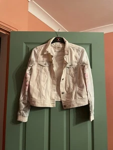 River Island Girls Cream Denim Jacket With Palm Trees & Flowers Printed Arms - Picture 1 of 7