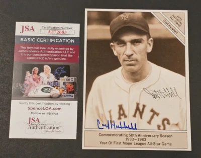 1983 CARL HUBBELL Signed 4.5 x 6 Inch Postcard-HOF-NEW YORK GIANTS-JSA - Image 1 of 4