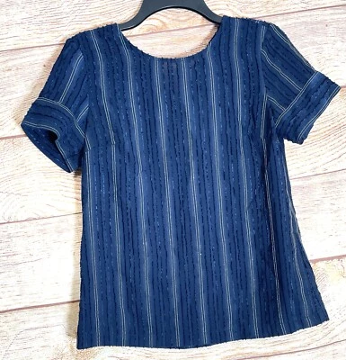 Banana Republic Women Navy Blue Pinstriped Cap Sleeve Polyester Top Small Blouse - Image 1 of 3