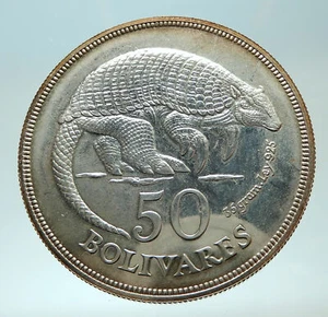 1975 VENEZUELA Armadillo Antique Genuine Proof Silver 50 Bolivars Coin i76876 - Picture 1 of 3