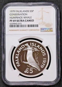 1979 FALKLAND ISLANDS 5 Pounds Silver Proof 'Humpback Whale' - NGC PF 69 UC - Picture 1 of 2