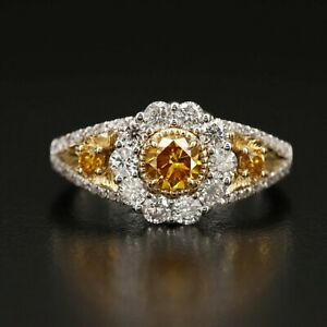 Intricate Vivid Orange Yellow GIA Diamond 18k Two Tone Designer Ring  sz7