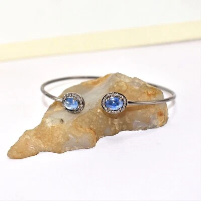 Pave Diamond Cuff Bracelet 925 Sterling Silver Natural Sapphire - Image 1 of 4