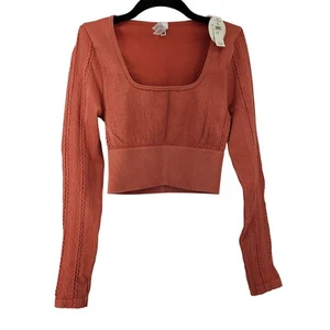 Rust Ribbed Knit Long-Sleeve Cropped Top Square Neckline & Braided Sleeve XS NWT - Picture 1 of 16