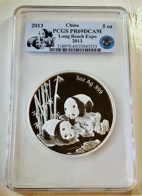2013 China 5 Ounce Silver Pandas PCGS PR 69  DCam Long Beach Expo - Image 1 of 2