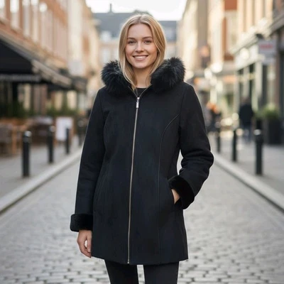 Impresionante Chaqueta Marvin Richards Gamuza Negra Cuello y Capucha de Piel de Zorro - Grande Foto 1 de 4