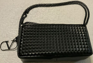 VALENTINO Black Studded Pouch W/Chain Shoulder Strap Phone Bag New