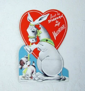 Vintage mechanische VALENTINSTAGSKARTE hartnäckiges Maultier Welpe Hund 1940er unsigniert USA - Bild 1 von 3