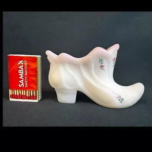 Fenton Painted Burmese Glass Slipper Shoe White Pink Roses Hand Painted by Klune - Picture 1 of 9
