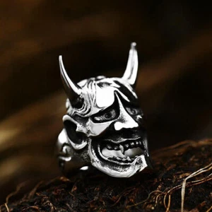 Gothic Japanese Tribal Horns Skull Ring Stainless Steel Biker Jewelry Punk Ring - Picture 1 of 5