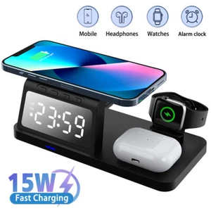 Wireless Charger Charging Station Alarm Clock for Apple Watch Air Pods iPhone - Picture 1 of 22