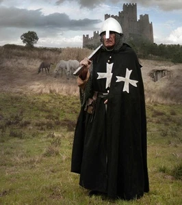 CABALLERO MEDIEVAL CRUZADA Edad Media CAPA HOSPITALARIA CAPA con CAPUCHA 54" Nuevo - Imagen 1 de 1