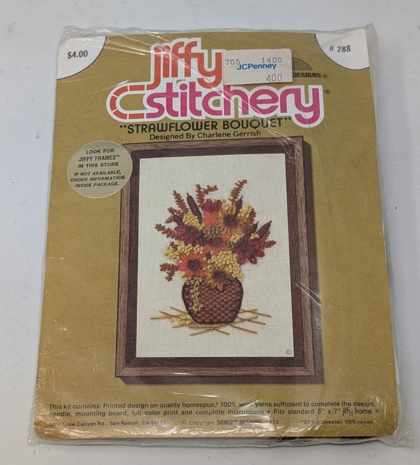 Kit de ramo de flores de paja Sunset Jiffy Stitchery 1975 arte bordado crewel MCM Foto 1 de 3
