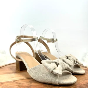 LOFT Beige Woven Bow Block Heel Ankle Strap Sz 9.5M Sandals Gold Shimmer Party - Picture 1 of 12