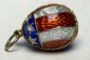 USA Flag Stars & Stripes Sterling Silver Russian Guilloche Enamel Egg Pendant - Picture 1 of 8