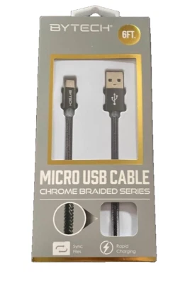 MICRO USB CABLE 6ft BYTECH Chrome Braided Series NEW - Image 1 of 2