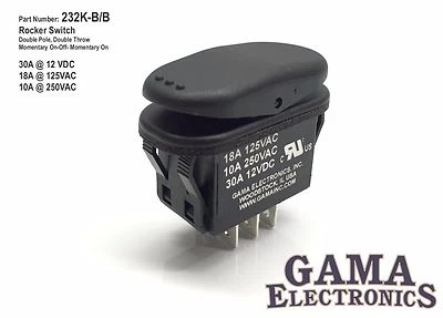 GAMA ELECTRONICS 30 Amp Double Pole Double Throw 3 Position Momentary Rocker Switch - 232K-B/B
