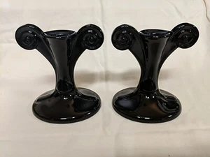 2 Fostoria Glass Ebony Black 5" Grecian Scroll Candlesticks - Picture 1 of 1