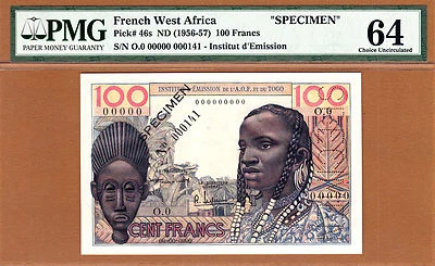 French West Africa 100 Francs 1956-57 SPECIMEN Pick-46s Ch UNC PMG 64 - Image 1 of 2