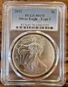 2021 w $1 Type 1 American Silver Eagle PCGS MS70 Blue Label - Picture 1 of 2