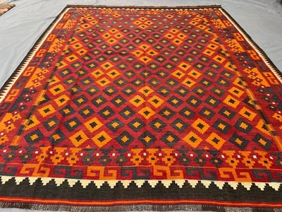 Alfombra 7x9 Afghan Maimana Kilim - Rojo Brillante y Naranja Tribal Patrón Diamante - Mano Foto 1 de 4
