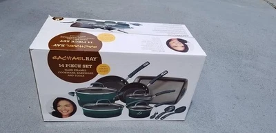 Novo, Rachael Ray porcelana esmalte alumínio antiaderente 14 peças conjunto de panelas marinho - Imagem 1 de 2