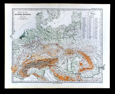 1880 Berghaus Map Physical Central Europe Germany Austria Switzerland Alps  - Image 1 of 3