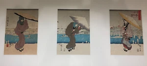 Tríptico reimpresión en madera Hiroshige: nieve nocturna en Asakusa Bijin-ga Ukiyo-e - Imagen 1 de 16
