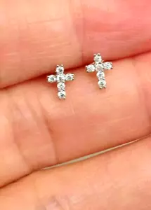 Cute Cross Solid 925 Silver 14K Gold Plated Lab Created Diamond Stud Earring - Picture 1 of 4