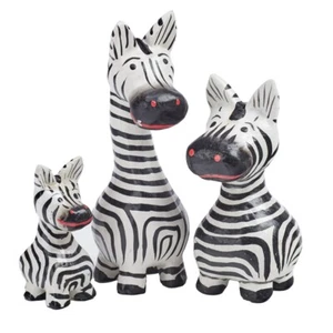 Zebra Family Set of 3 Super Cute Ornament Figure Wooden Fair Trade Black & White - Picture 1 of 7