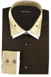 Men's Silk Cotton Dress Shirt w/ Two Tone Double Layer Contrast Collar #605 - Picture 1 of 10