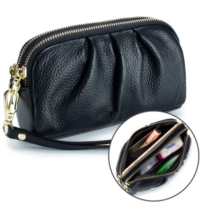 Carteira de couro feminina elegante bolsa de mão franzida com alça de pulso destacável EUA - Imagem 1 de 4