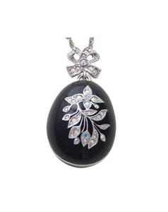 Dove Egg Shaped Necklace Pendant Art Deco Style Rhodium Plated Set With Enamel - Picture 1 of 10