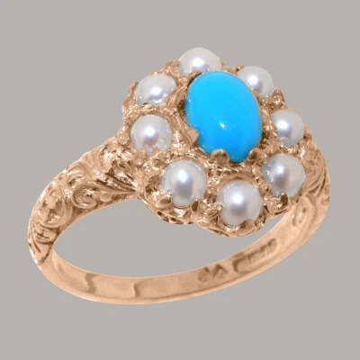 Solid 14k Rose Gold Natural Turquoise & Pearl Womens Cluster Ring-Sizes 4 to 12 - Image 1 of 4