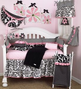 Girly Pink Dot Floral Crib Bedding Set Hamper Mobile Valance Sheet Moses Basket