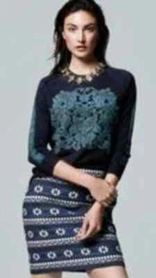 J.Crew Women's Pullover Sweater Merino Wool Embossed Floral Preppy Blue XS - Image 1 of 4