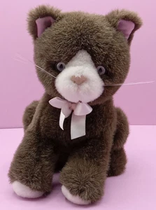 America Wego Brown Kitten Cat 8" Plush Blue Eyes Pink Ribbon Vtg Stuffed Animal - Picture 1 of 13