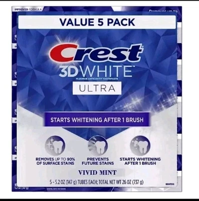 Pasta de dientes ultra blanqueadora Crest 3D White Vivid Mint, 5,2 oz., paquete de 5 nueva  Foto 1 de 4