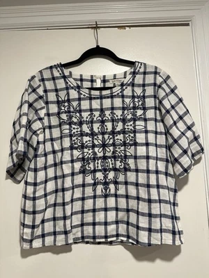 Женский топ ORVIS размер: S вышитый льняной темно-синий белый с коротким рукавом укороченный квадратный - Изображение 1 из 4